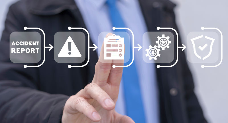 infographic displaying escalation of accident report with a man in a suit touching the icon